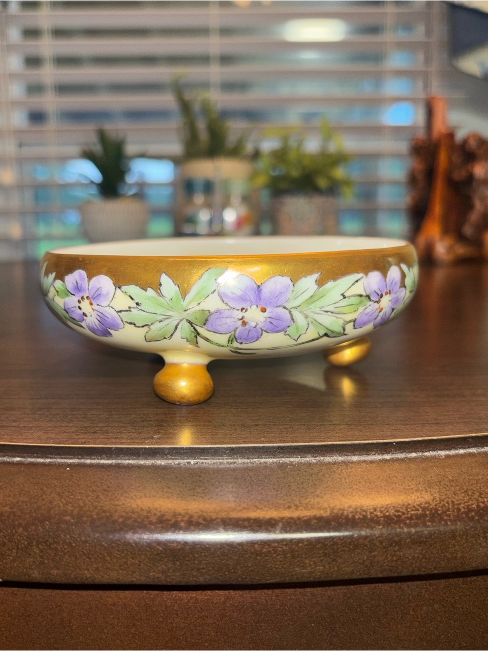 Vintage Hand-Painted Floral Footed Porcelain trinket dish- Purple & Gold